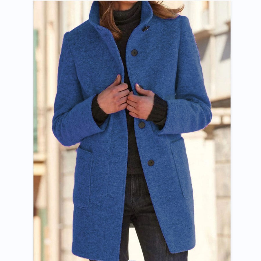 Women's Stand Collar Woolen Coat - Slim Fit Fall and Winter Button Front Trench Coat with Pockets Best YouTube Store