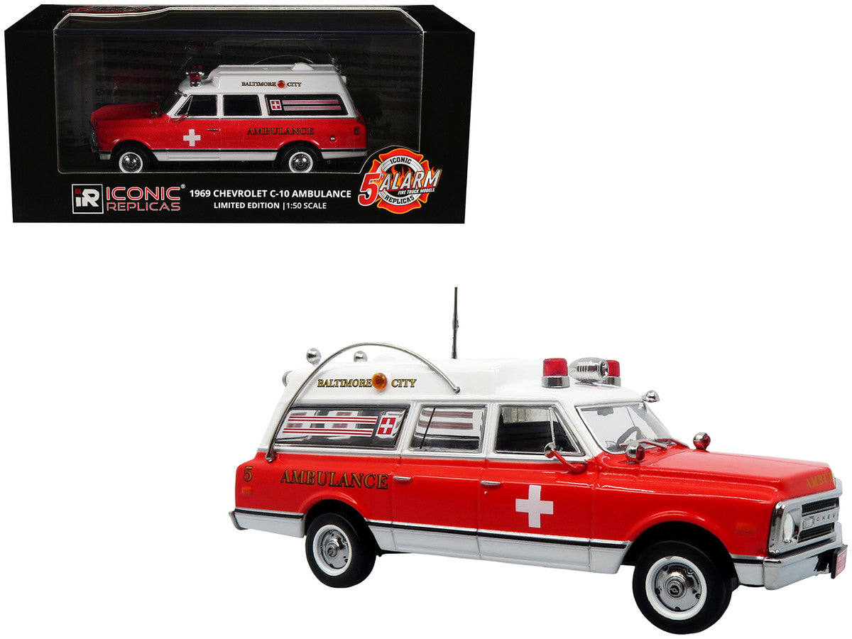 1969 Chevrolet C-10 Ambulance "Baltimore City Fire Department" White and Red "5 Alarm" Series Limited Edition 1/50 Diecast Model by Iconic Replicas Iconic Replicas
