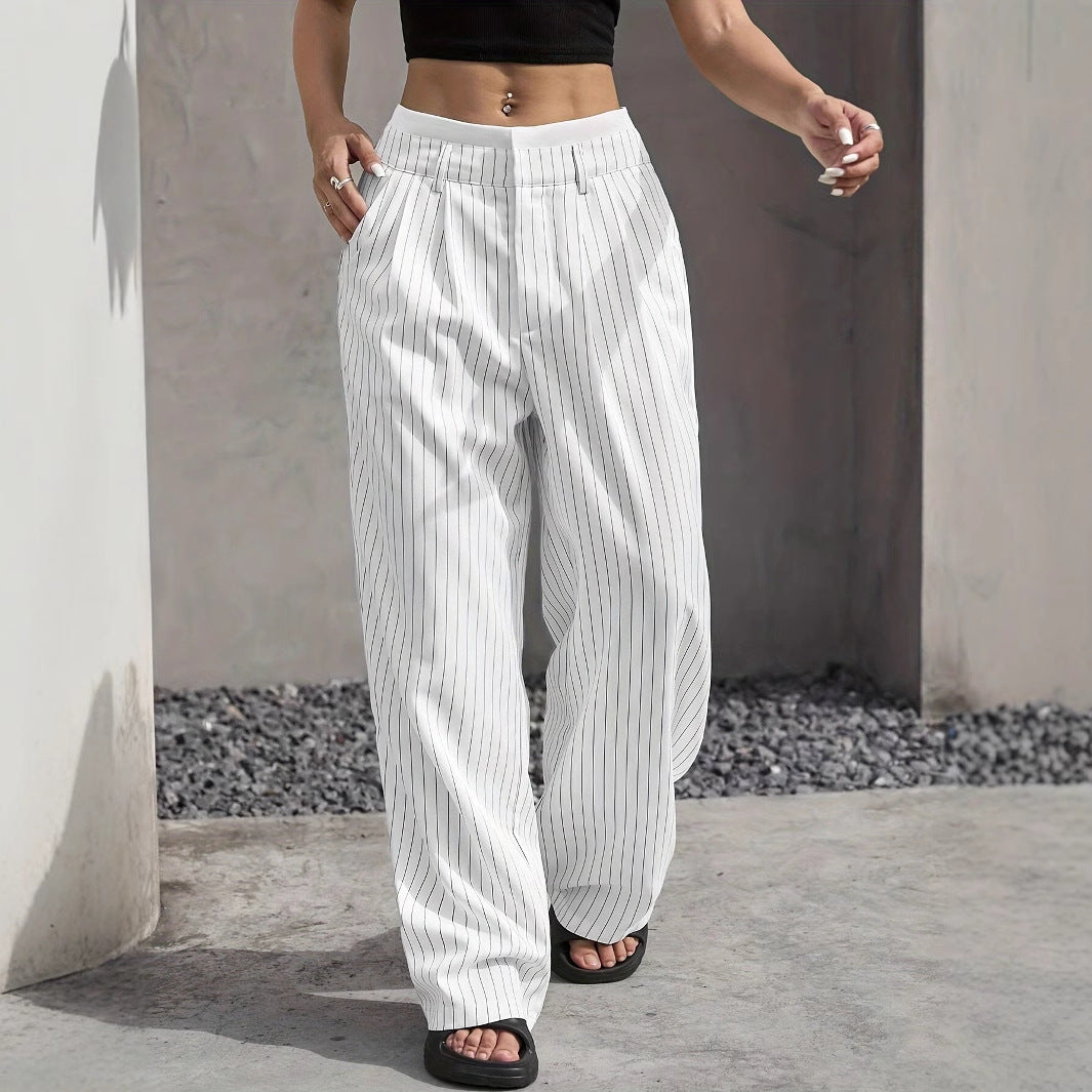 Stripe Printed Trousers Fashion High Waist Straight Leg Pants With Pocket Zipper Casual Suit Pants For Women LadyShow.Store