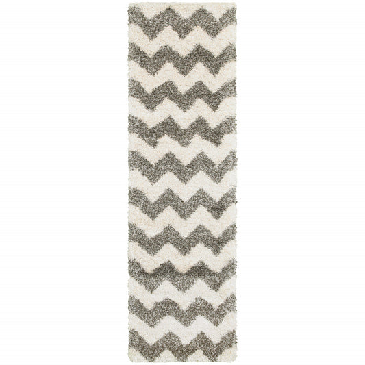 2' X 8' Grey And Ivory Geometric Shag Power Loom Stain Resistant Runner Rug