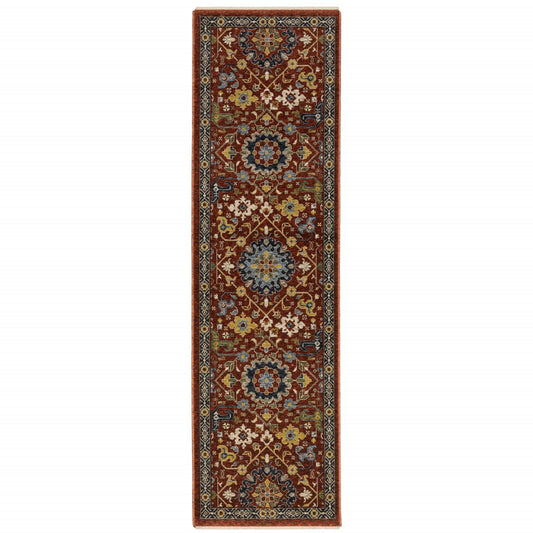 2' X 8' Red Blue Gold And Ivory Oriental Power Loom Stain Resistant Runner Rug With Fringe