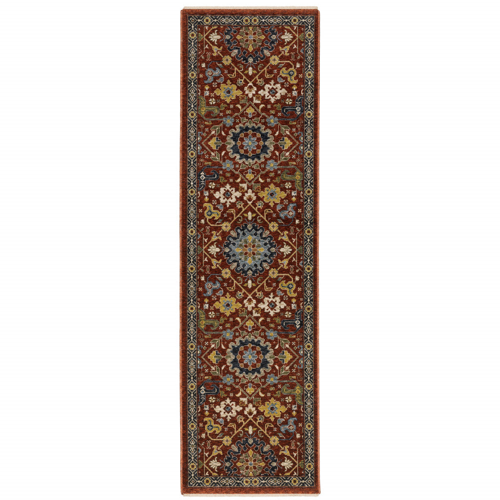 2' X 8' Red Blue Gold And Ivory Oriental Power Loom Stain Resistant Runner Rug With Fringe