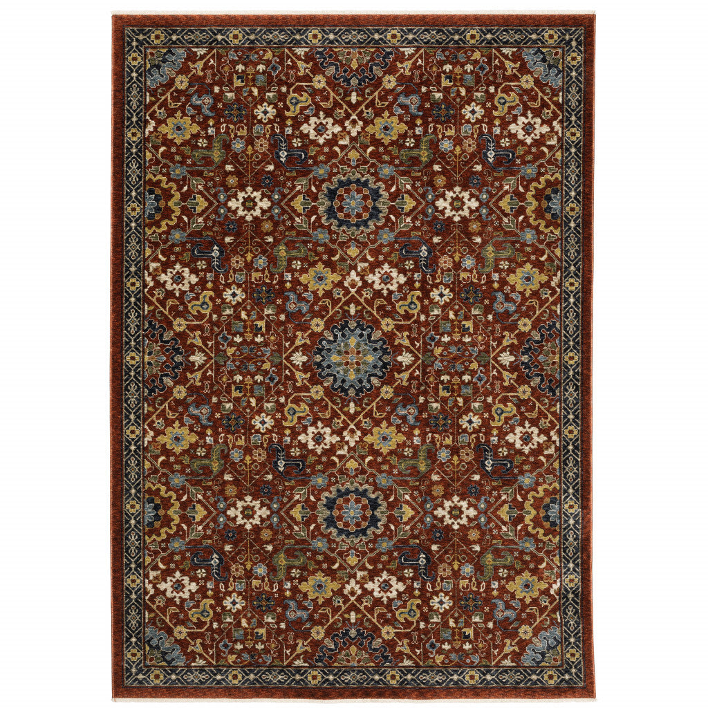 5' X 8' Red Blue Gold And Ivory Oriental Power Loom Stain Resistant Area Rug With Fringe