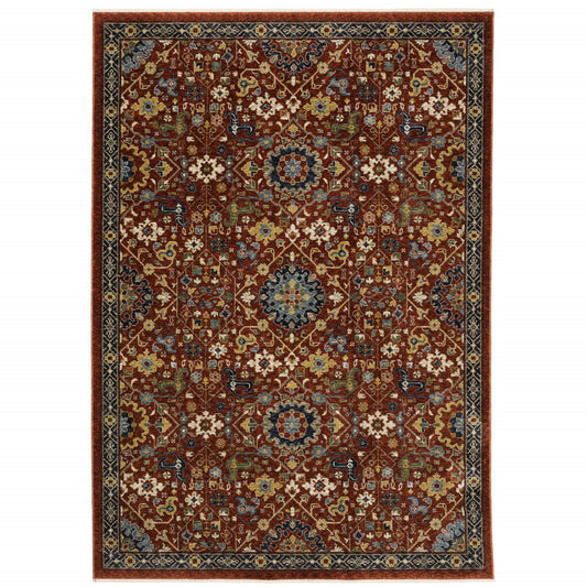 5' X 8' Red Blue Gold And Ivory Oriental Power Loom Stain Resistant Area Rug With Fringe