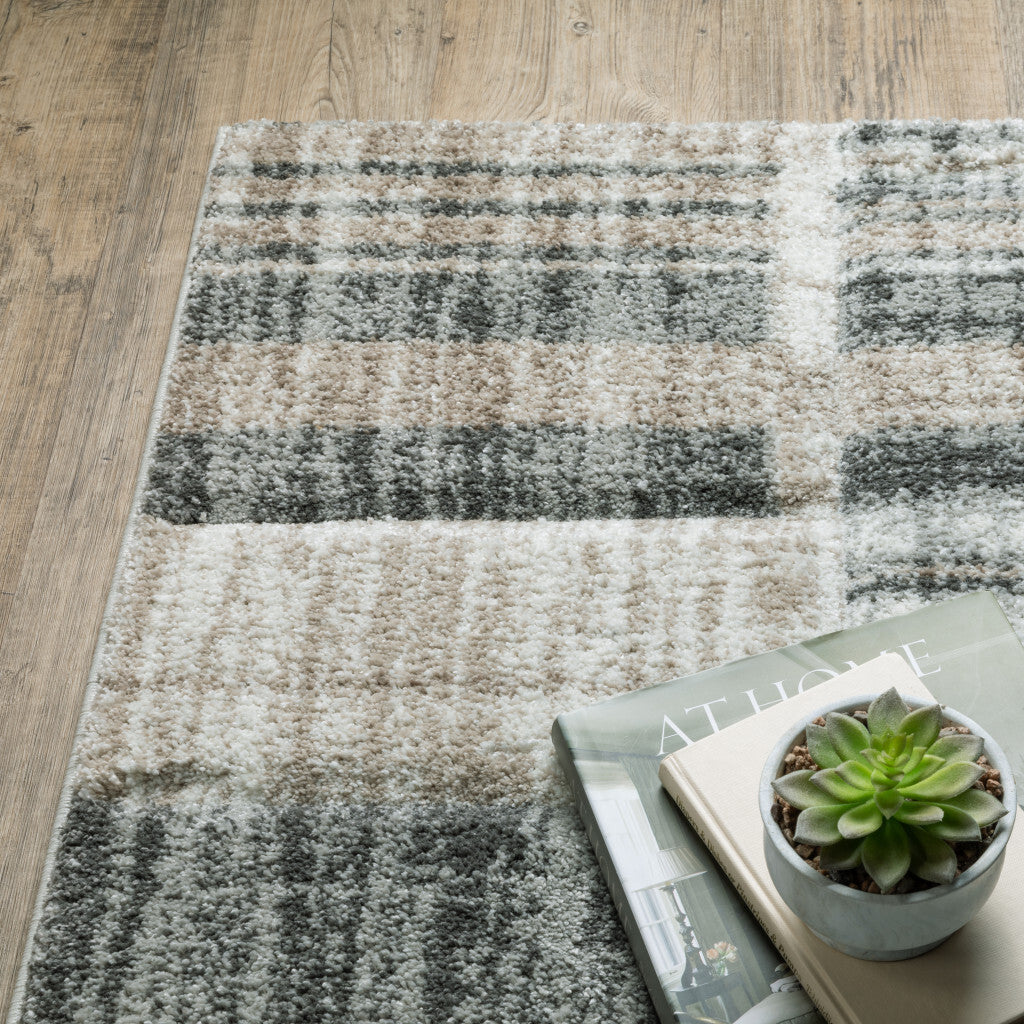 3' X 5' Grey Charcoal Ivory Tan Brown And Beige Geometric Power Loom Stain Resistant Area Rug W2B