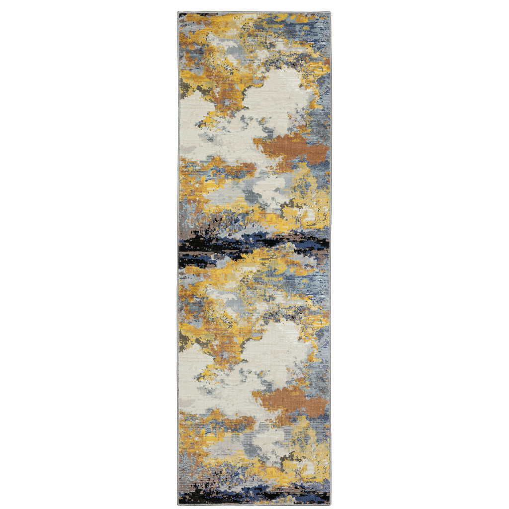 2' X 8' Yellow Gold Blue Grey Brown And Beige Abstract Power Loom Stain Resistant Runner Rug W2B