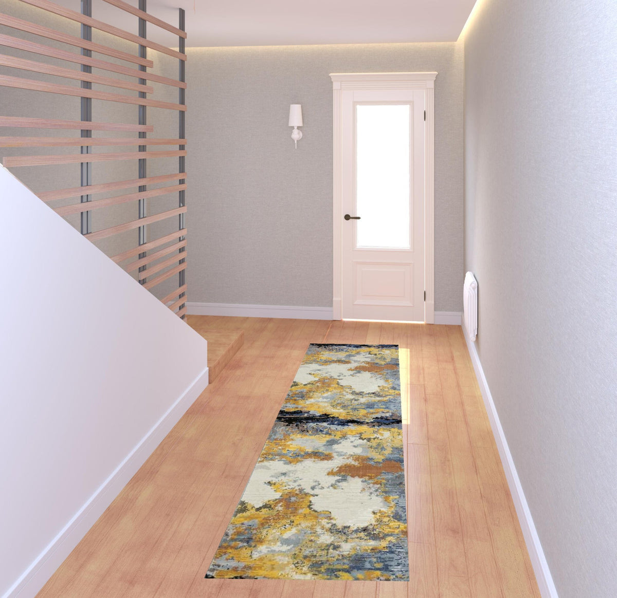 2' X 8' Yellow Gold Blue Grey Brown And Beige Abstract Power Loom Stain Resistant Runner Rug W2B