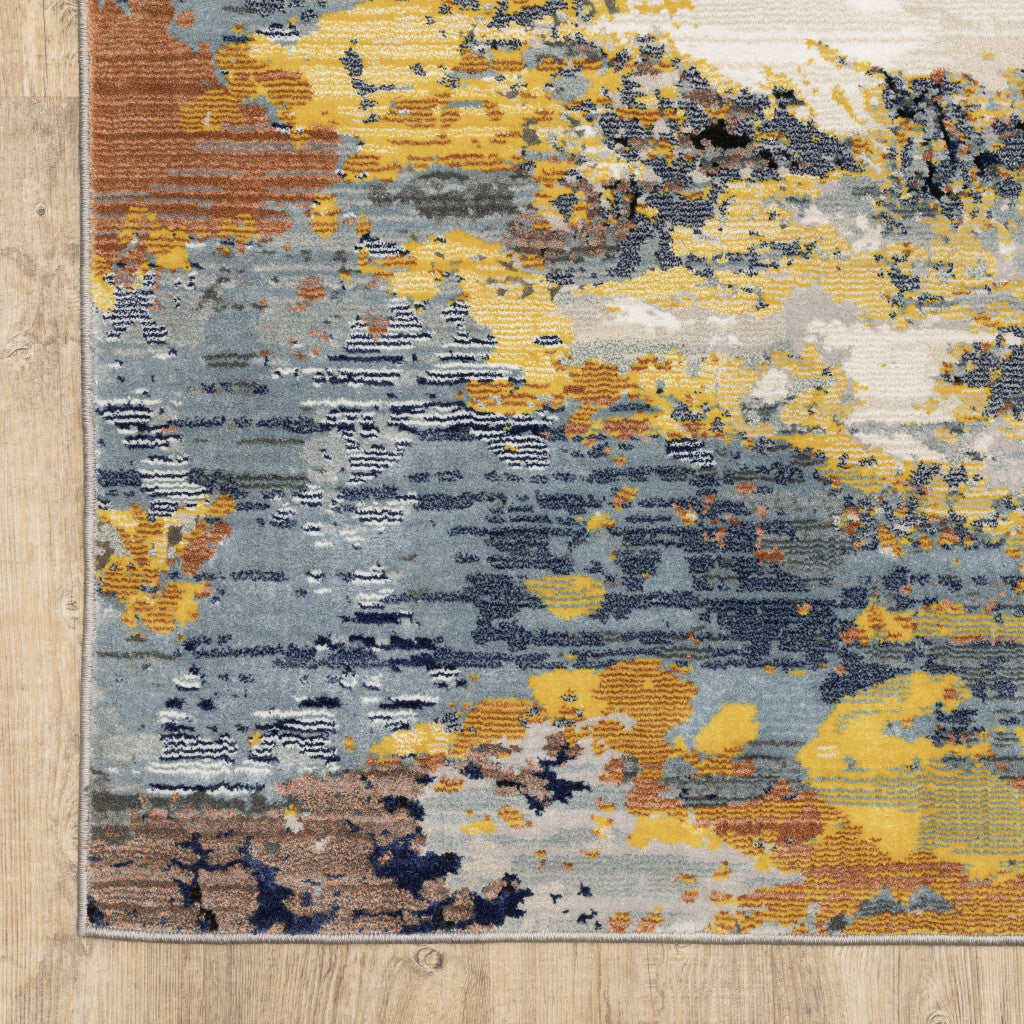 2' X 8' Yellow Gold Blue Grey Brown And Beige Abstract Power Loom Stain Resistant Runner Rug W2B