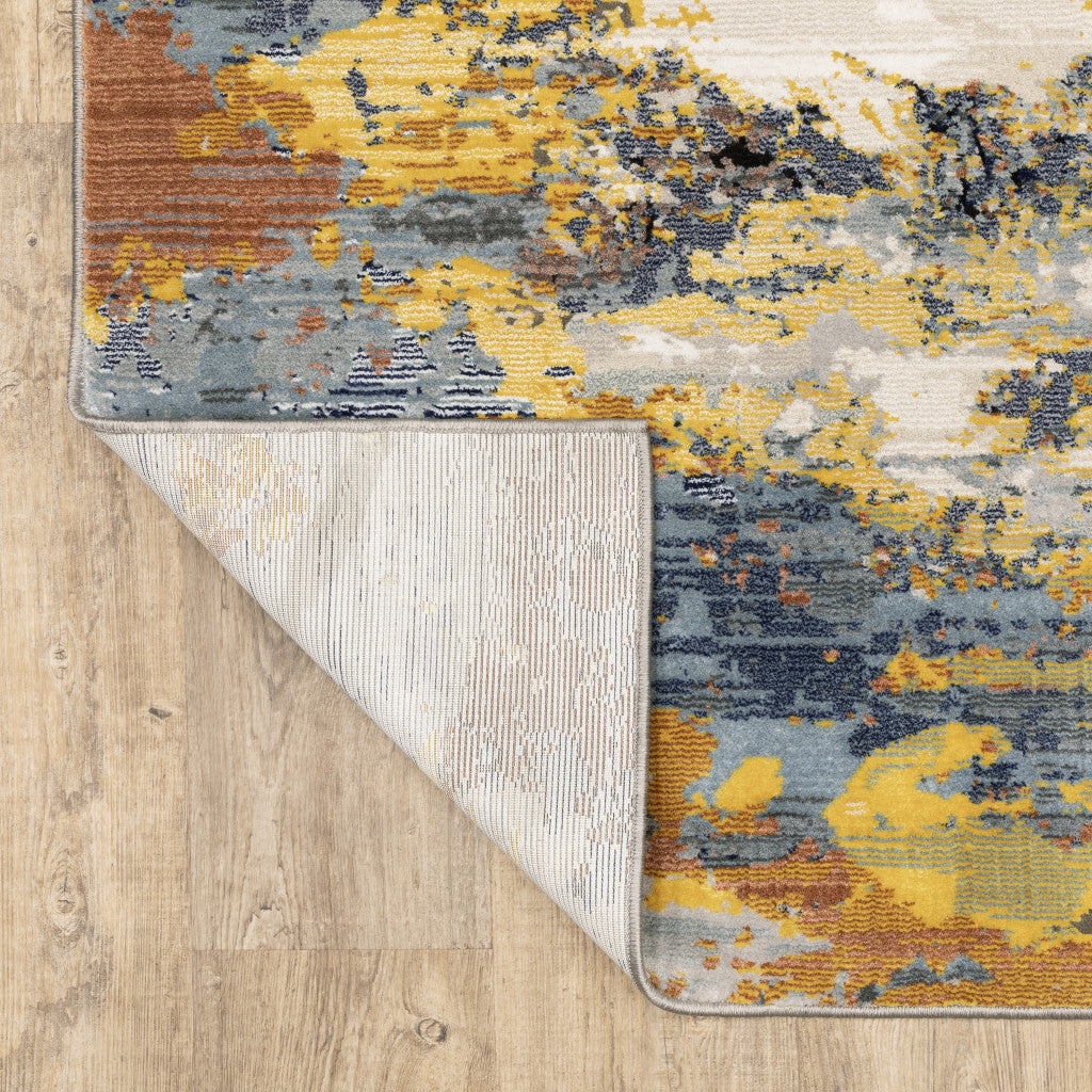 2' X 8' Yellow Gold Blue Grey Brown And Beige Abstract Power Loom Stain Resistant Runner Rug W2B