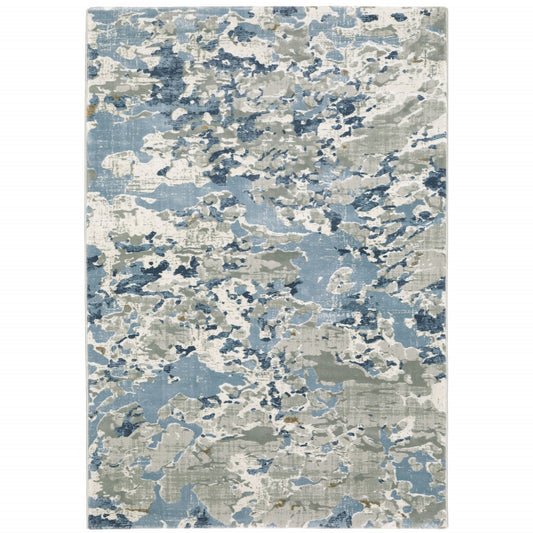 3' X 5' Grey Blue Ivory Navy Beige And Brown Abstract Power Loom Stain Resistant Area Rug