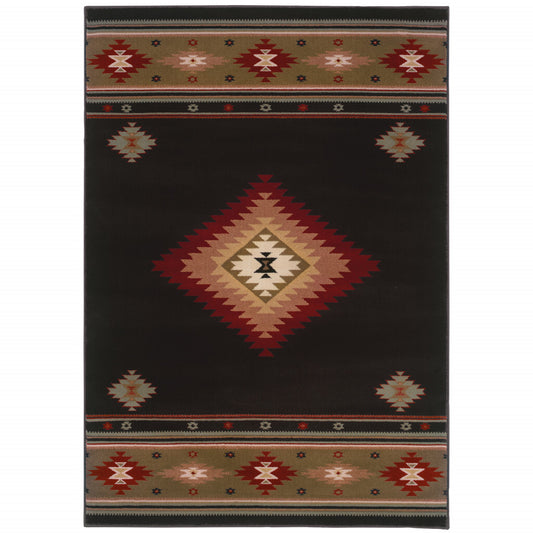 5' X 8' Black And Green Southwestern Power Loom Stain Resistant Area Rug