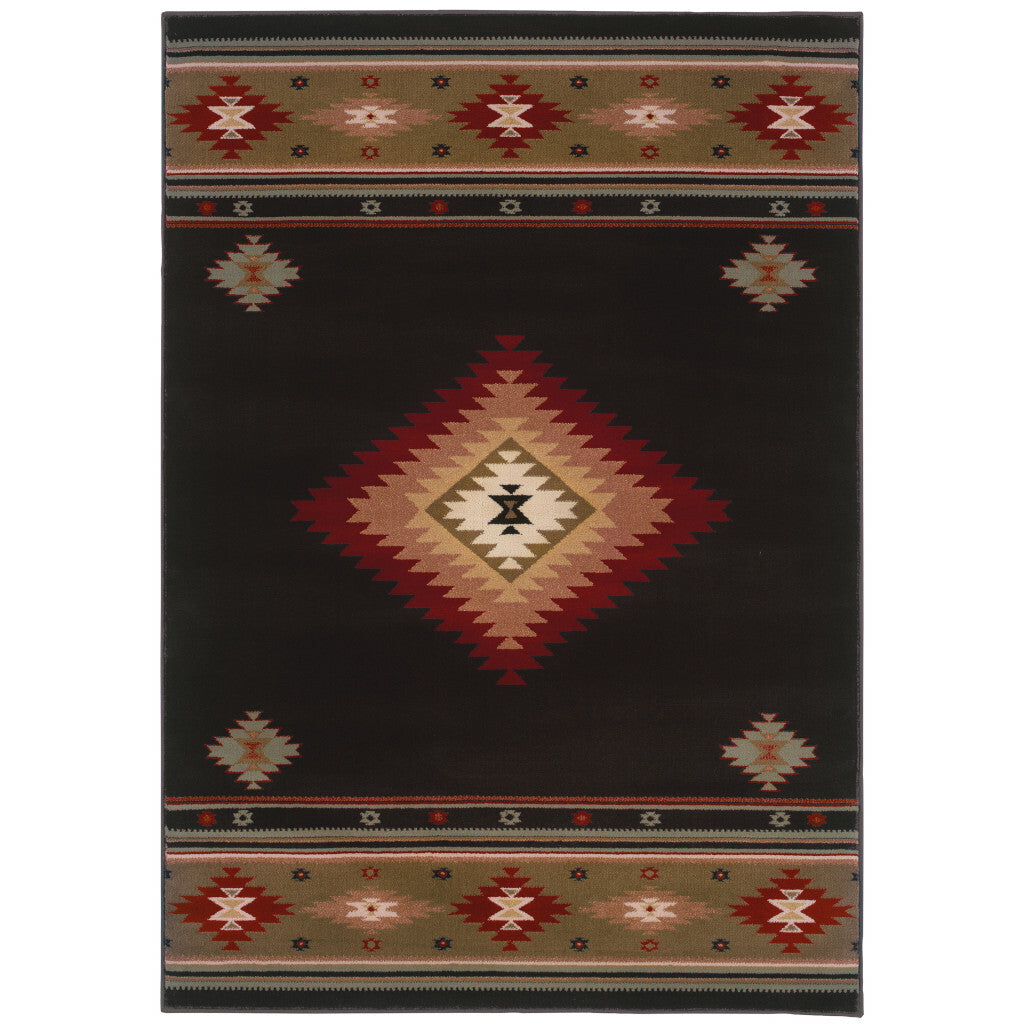 5' X 8' Black And Green Southwestern Power Loom Stain Resistant Area Rug