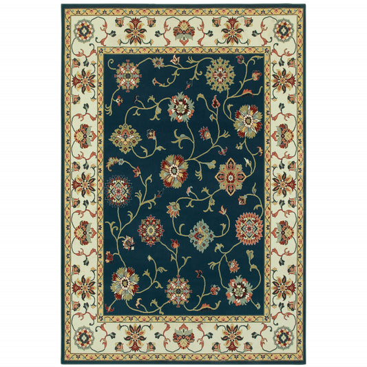 6' X 9' Navy And Ivory Oriental Power Loom Stain Resistant Area Rug