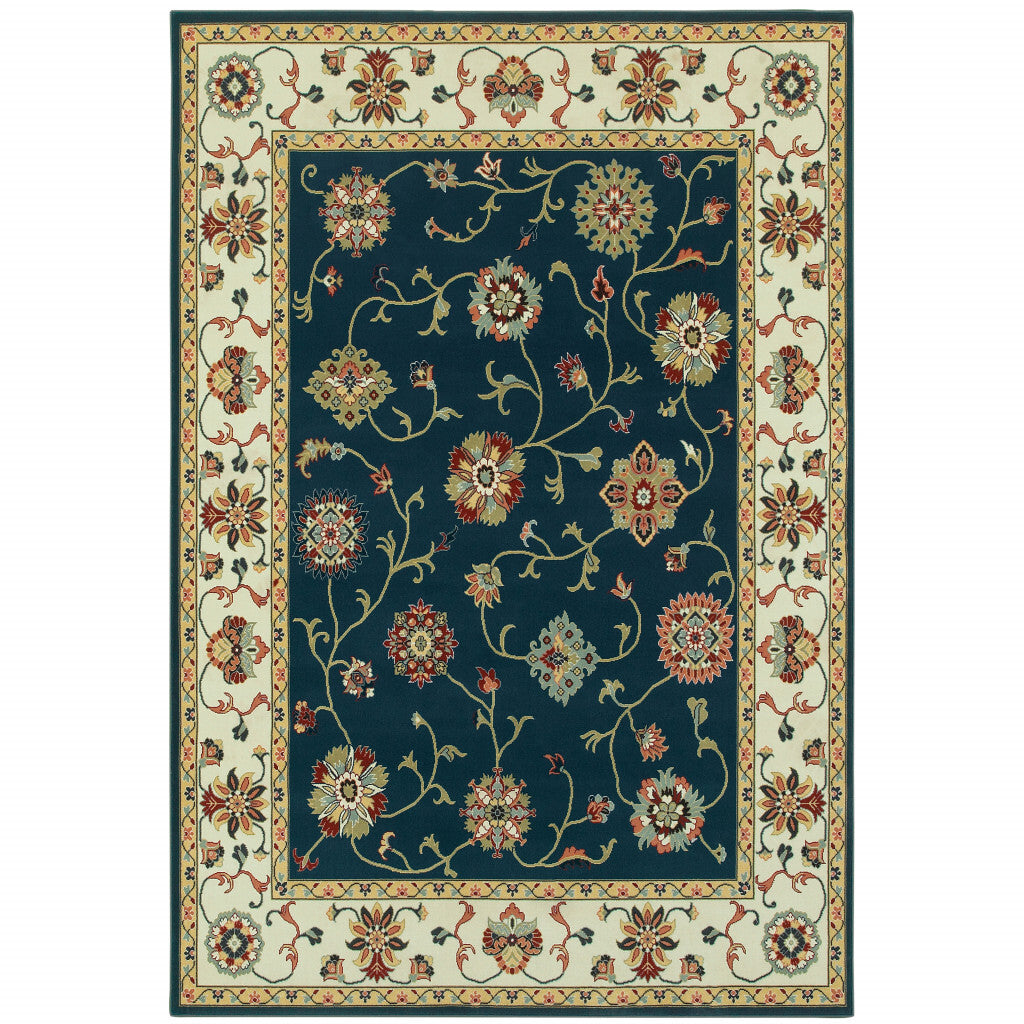 6' X 9' Navy And Ivory Oriental Power Loom Stain Resistant Area Rug