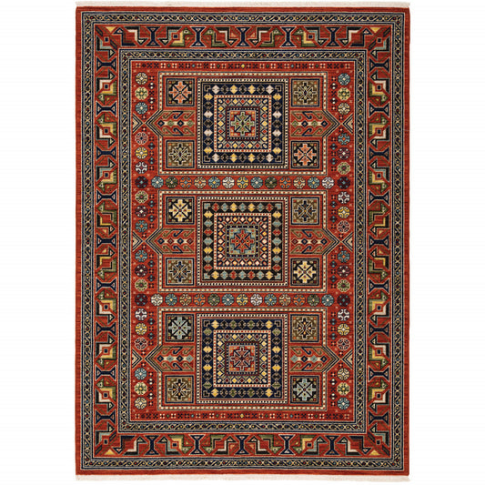 3' X 5' Red Blue Beige And Green Oriental Power Loom Stain Resistant Area Rug With Fringe