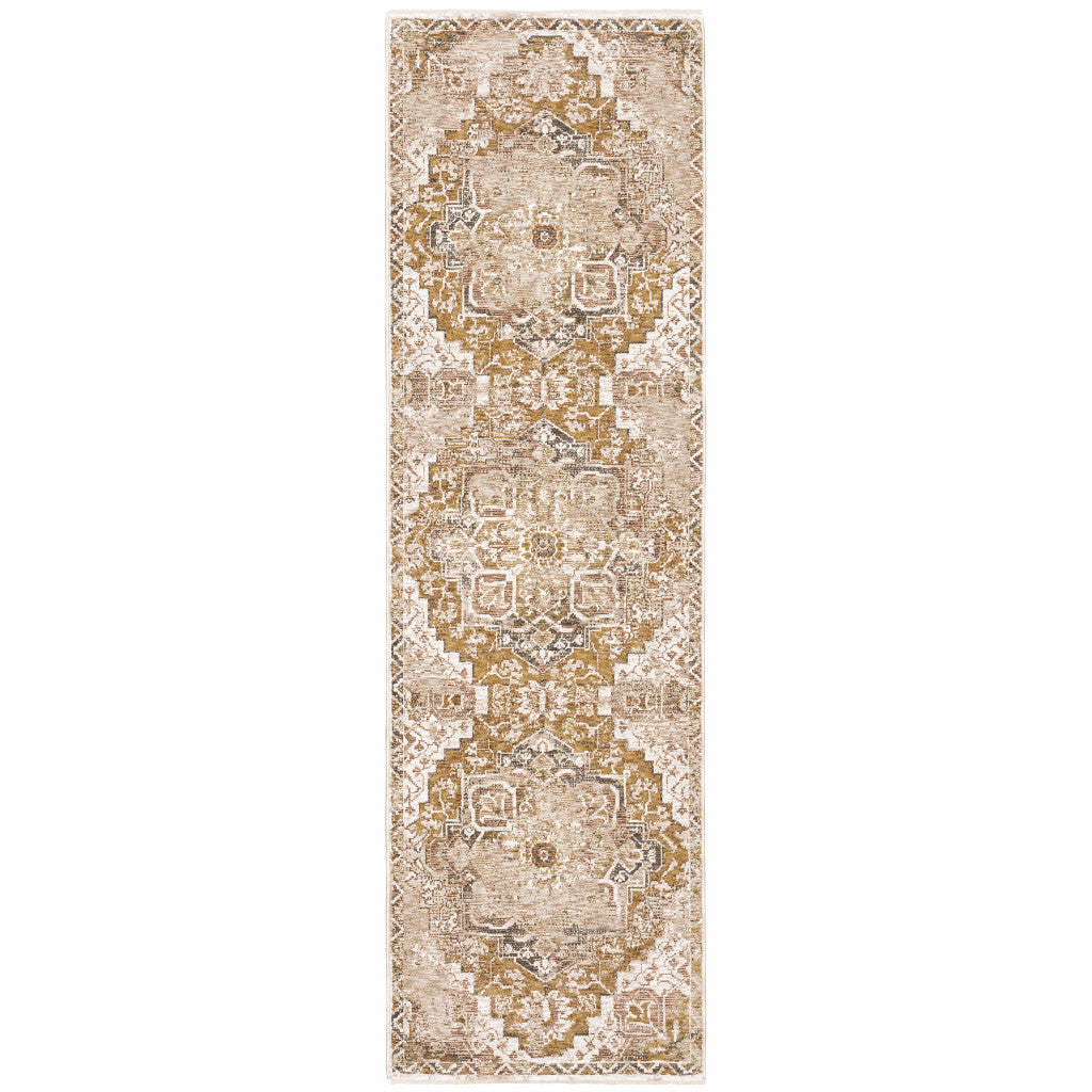 2' X 8' Gold And Ivory Oriental Power Loom Stain Resistant Runner Rug With Fringe