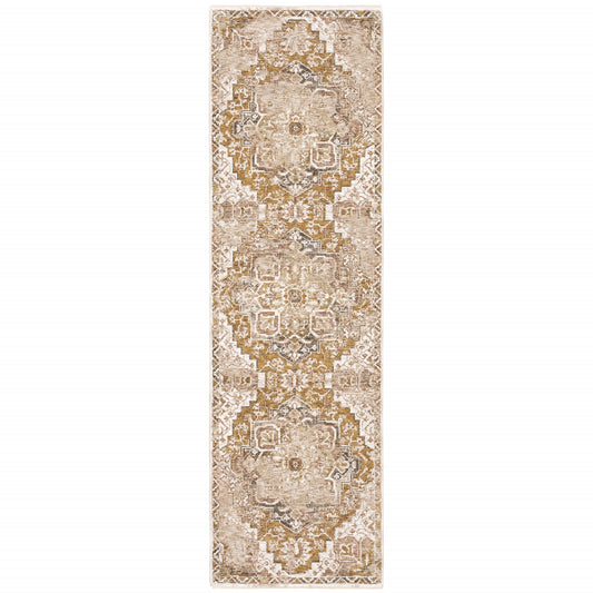 2' X 8' Gold And Ivory Oriental Power Loom Stain Resistant Runner Rug With Fringe