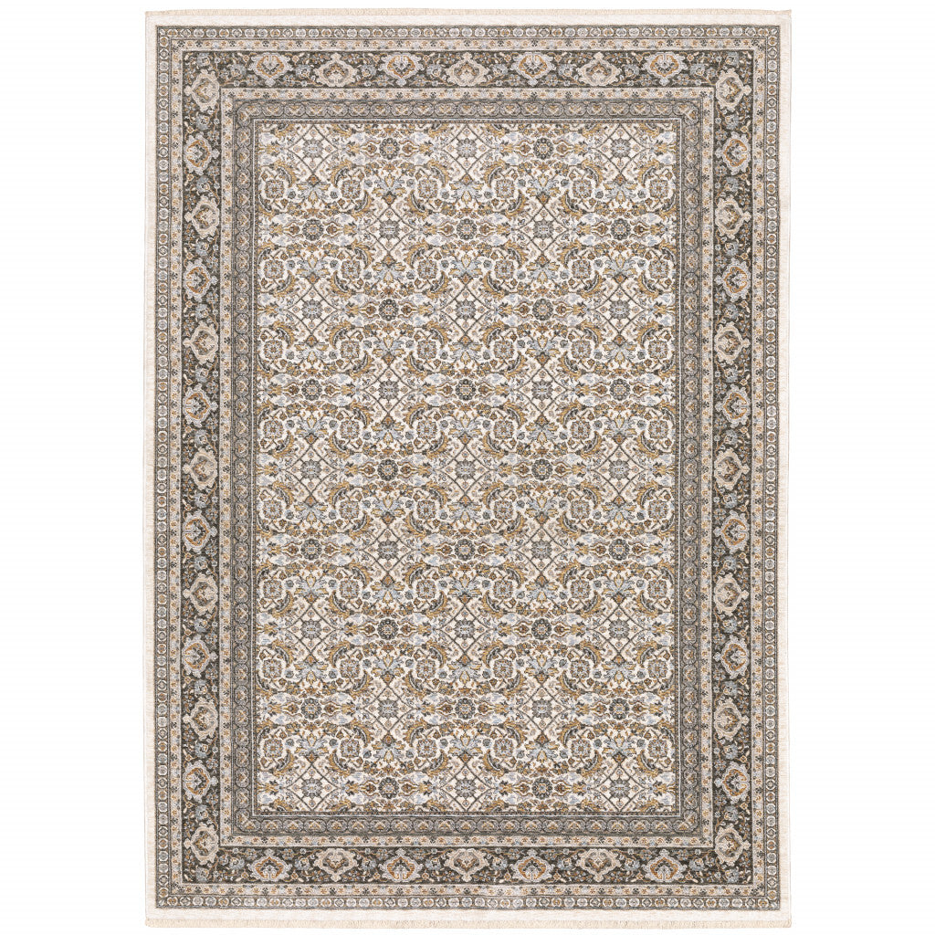 3' X 5' Ivory And Grey Oriental Power Loom Stain Resistant Area Rug With Fringe