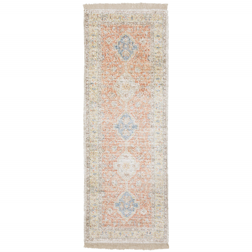2' X 8' Orange And Blue Oriental Hand Loomed Stain Resistant Runner Rug With Fringe