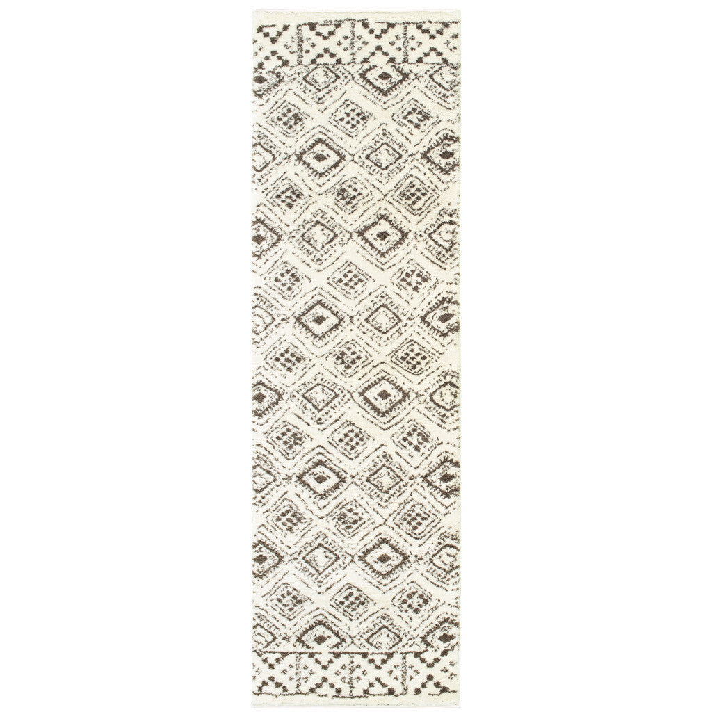 2' X 8' Ivory And Brown Geometric Shag Power Loom Stain Resistant Runner Rug