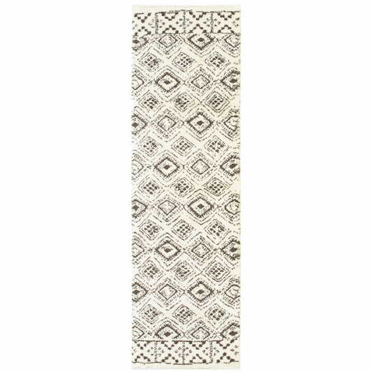 2' X 8' Ivory And Brown Geometric Shag Power Loom Stain Resistant Runner Rug