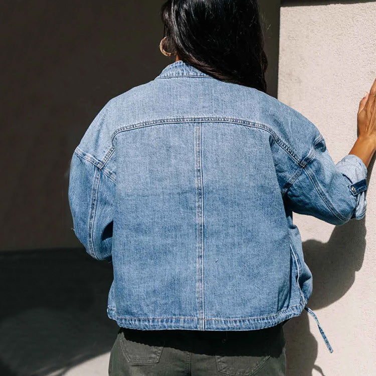 Ladies Denim Jacket Drawstring Loose Ladies Denim Jacket Accent Plus