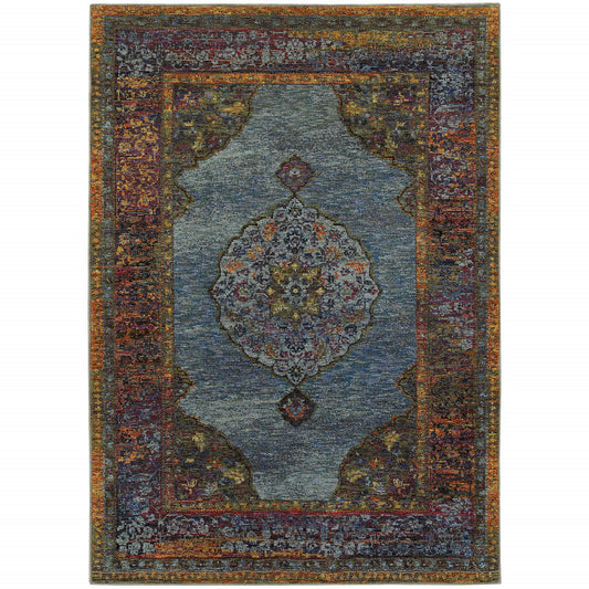 3' X 5' Blue Gold Green Red Orange And Purple Oriental Power Loom Stain Resistant Area Rug
