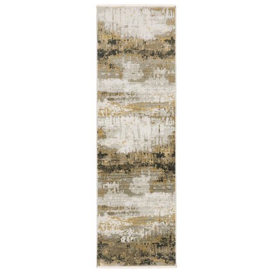 8' Grey Gold Black Charcoal And Beige Abstract Power Loom Runner Rug With Fringe