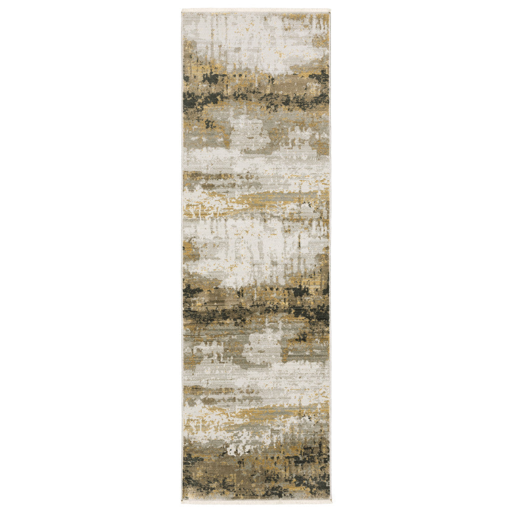 8' Grey Gold Black Charcoal And Beige Abstract Power Loom Runner Rug With Fringe