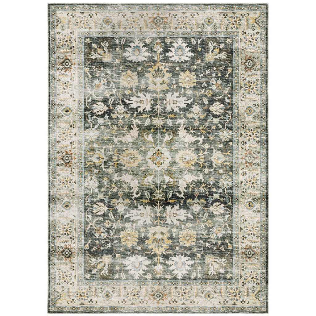 4' X 6' Grey Charcoal Gold Brown Ivory Pale Sage And Light Blue Oriental Printed Stain Resistant Non Skid Area Rug