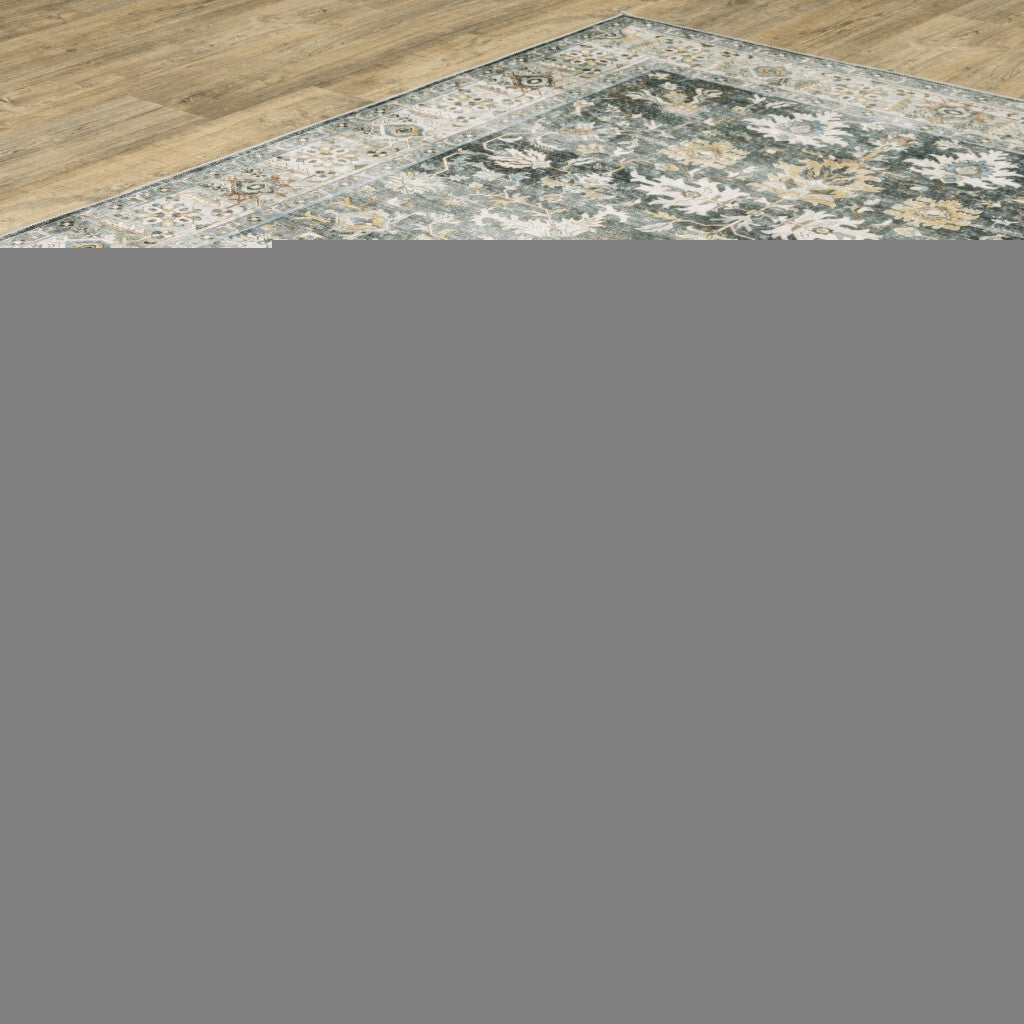 4' X 6' Grey Charcoal Gold Brown Ivory Pale Sage And Light Blue Oriental Printed Stain Resistant Non Skid Area Rug