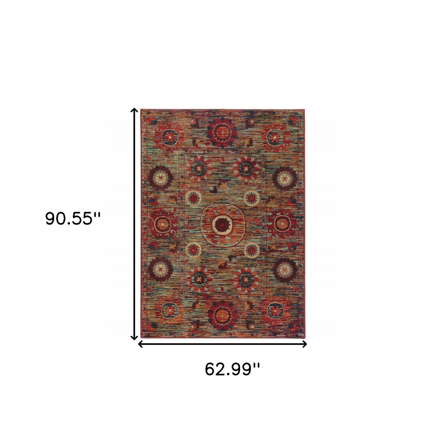 5' X 8' Red Gold Orange Green Ivory Rust And Blue Floral Power Loom Stain Resistant Area Rug