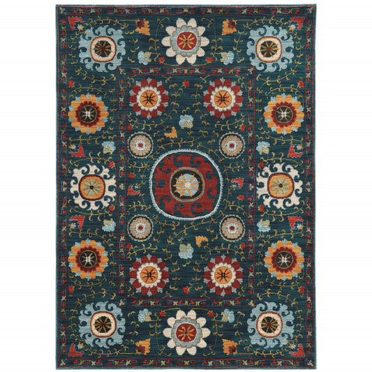 5' X 8' Teal Blue Rust Gold And Ivory Floral Power Loom Stain Resistant Area Rug