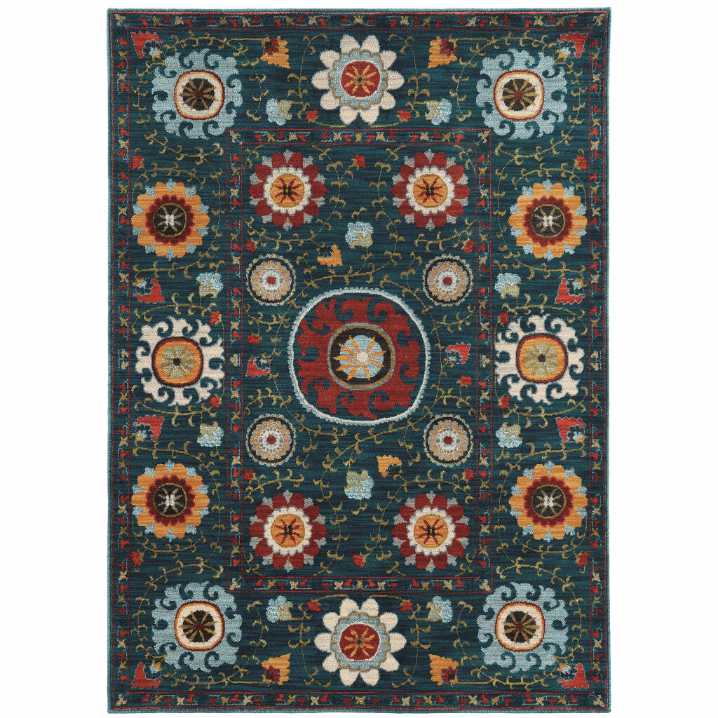 5' X 8' Teal Blue Rust Gold And Ivory Floral Power Loom Stain Resistant Area Rug