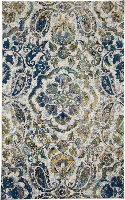 5' X 8' Ivory Blue And Green Floral Stain Resistant Area Rug