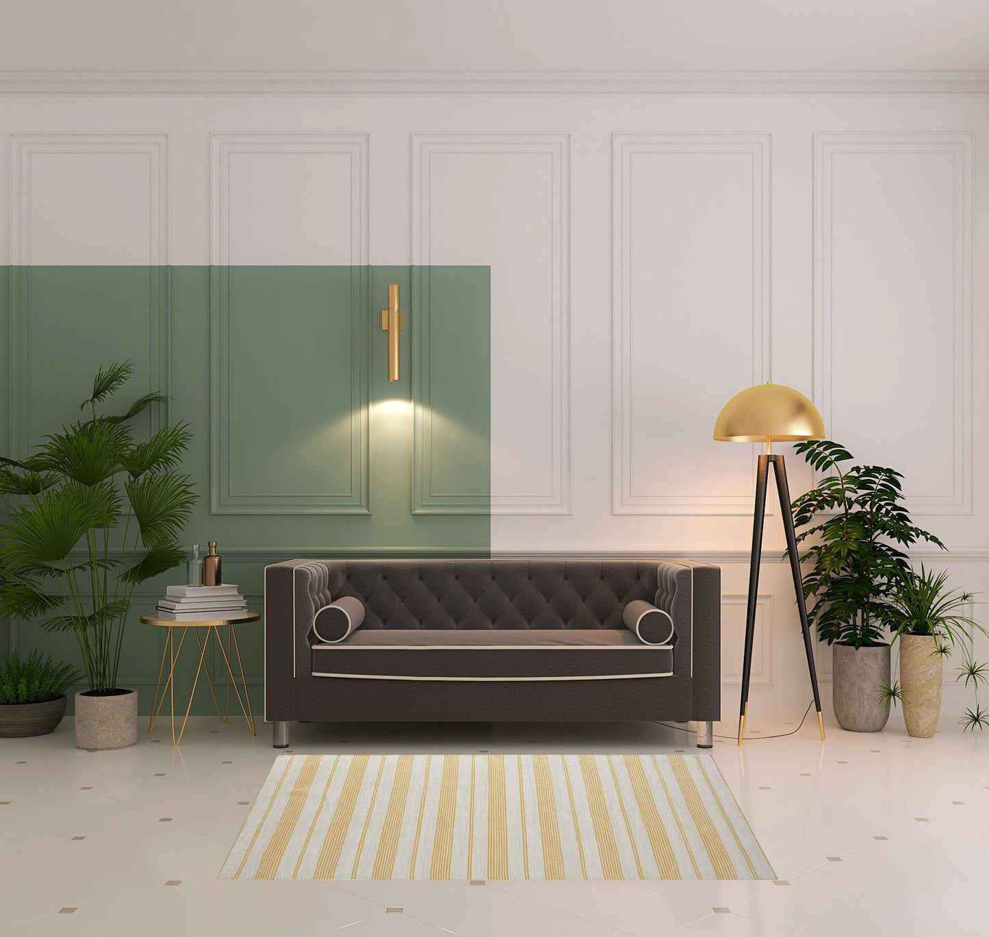 4' X 6' Yellow And Ivory Striped Dhurrie Hand Woven Stain Resistant Area Rug