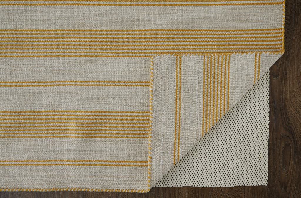 4' X 6' Yellow And Ivory Striped Dhurrie Hand Woven Stain Resistant Area Rug
