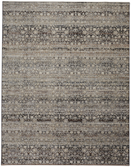 5' X 8' Gray Ivory And Tan Abstract Distressed Area Rug With Fringe