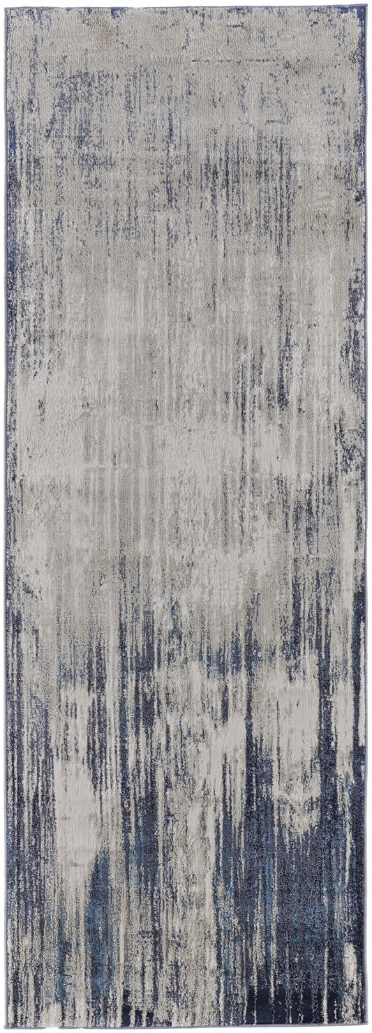 8' Tan Blue And Ivory Abstract Power Loom Distressed Runner Rug