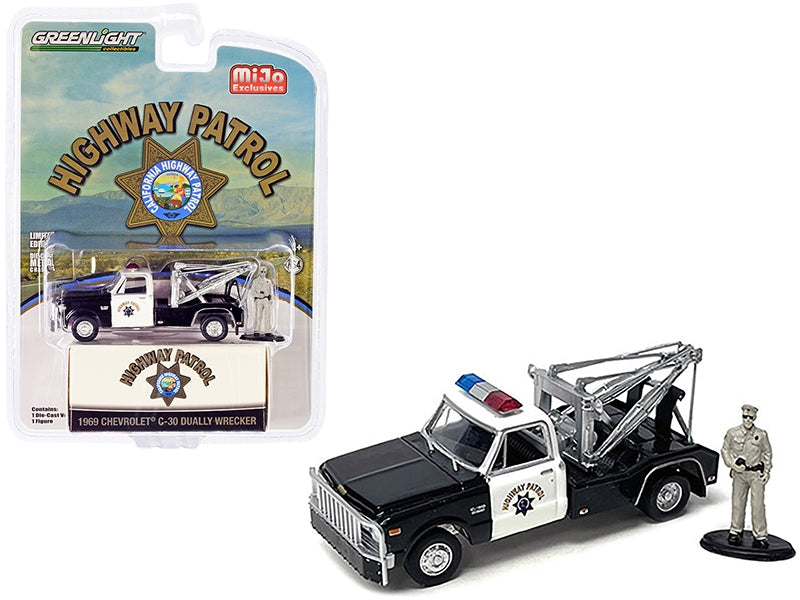 1969 Chevrolet C-30 Dually Wrecker Tow Truck Black and White CHP "California Highway Patrol" with Officer Figurine 1/64 Diecast Model Car by Greenlight