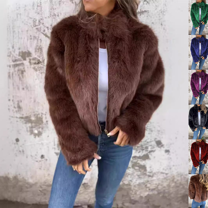 Fashion Stand Collar Plush Jacket Winter Casual Turtleneck Zipper Coat Fleece Tops Women's Clothing Accent Plus