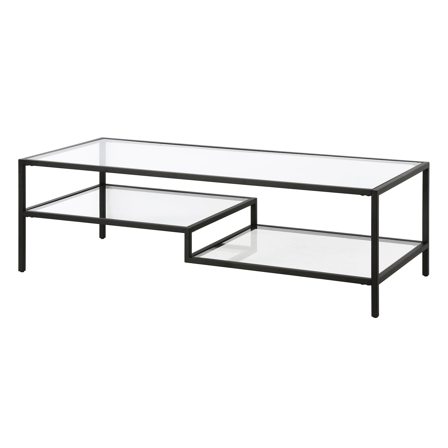 54" Black and Glass Rectangular Coffee Table With Two Shelves