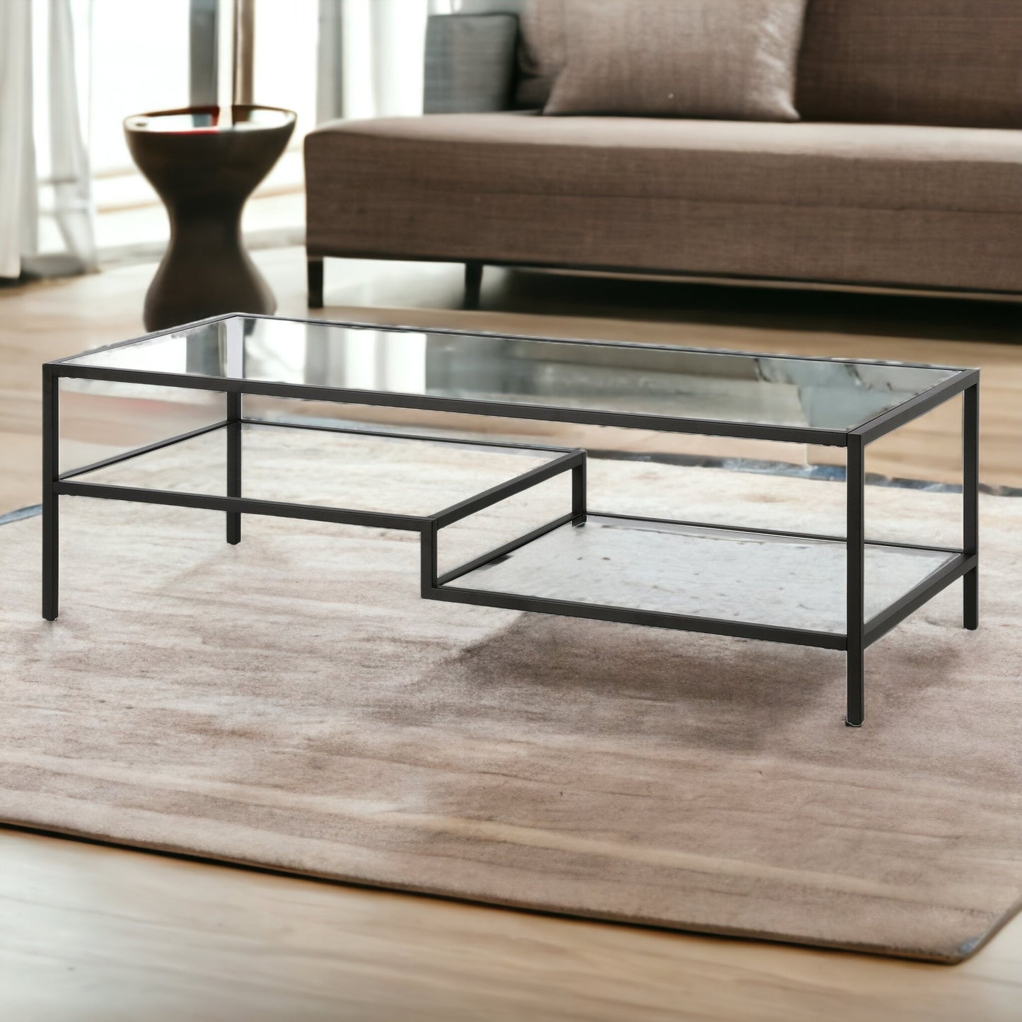54" Black and Glass Rectangular Coffee Table With Two Shelves