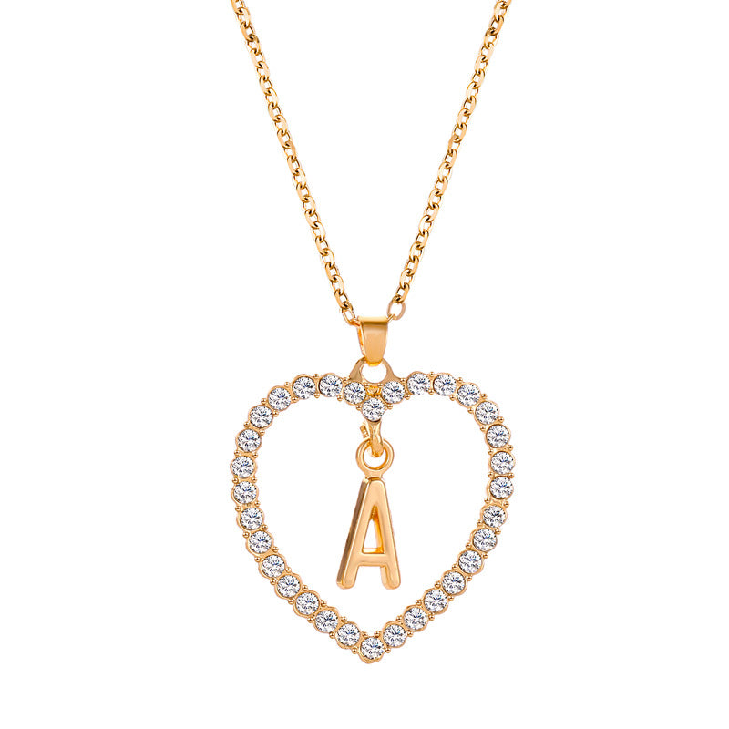 Womens Stylish & Minimalist Diamond-Encrusted 26-Letter Heart Pendant Necklace