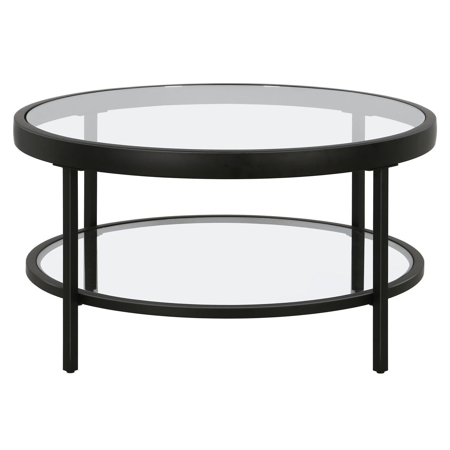 32" Black Glass Round Coffee Table With Shelf