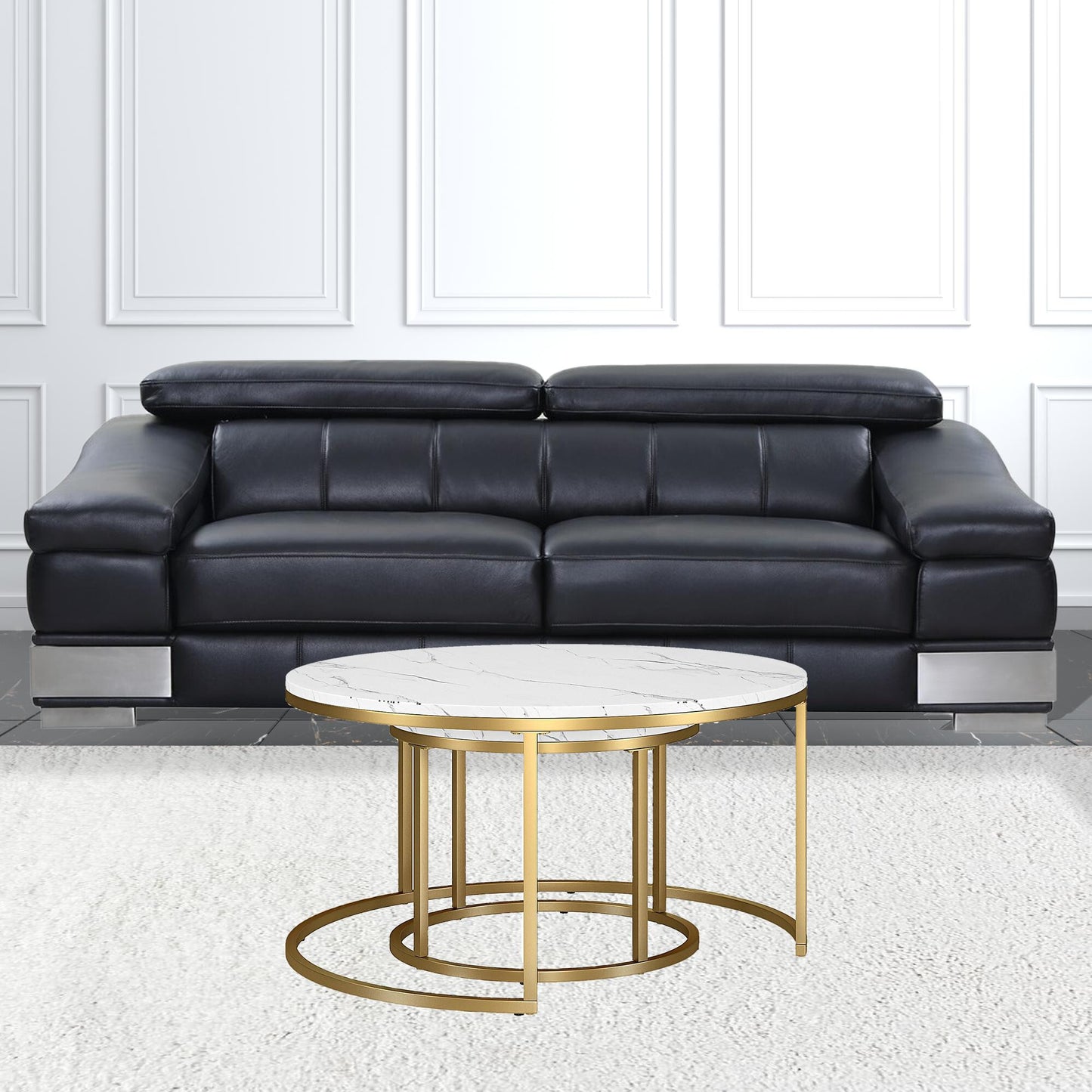 Set Of Two 35" Gold And White Faux Marble Round Nested Coffee Tables