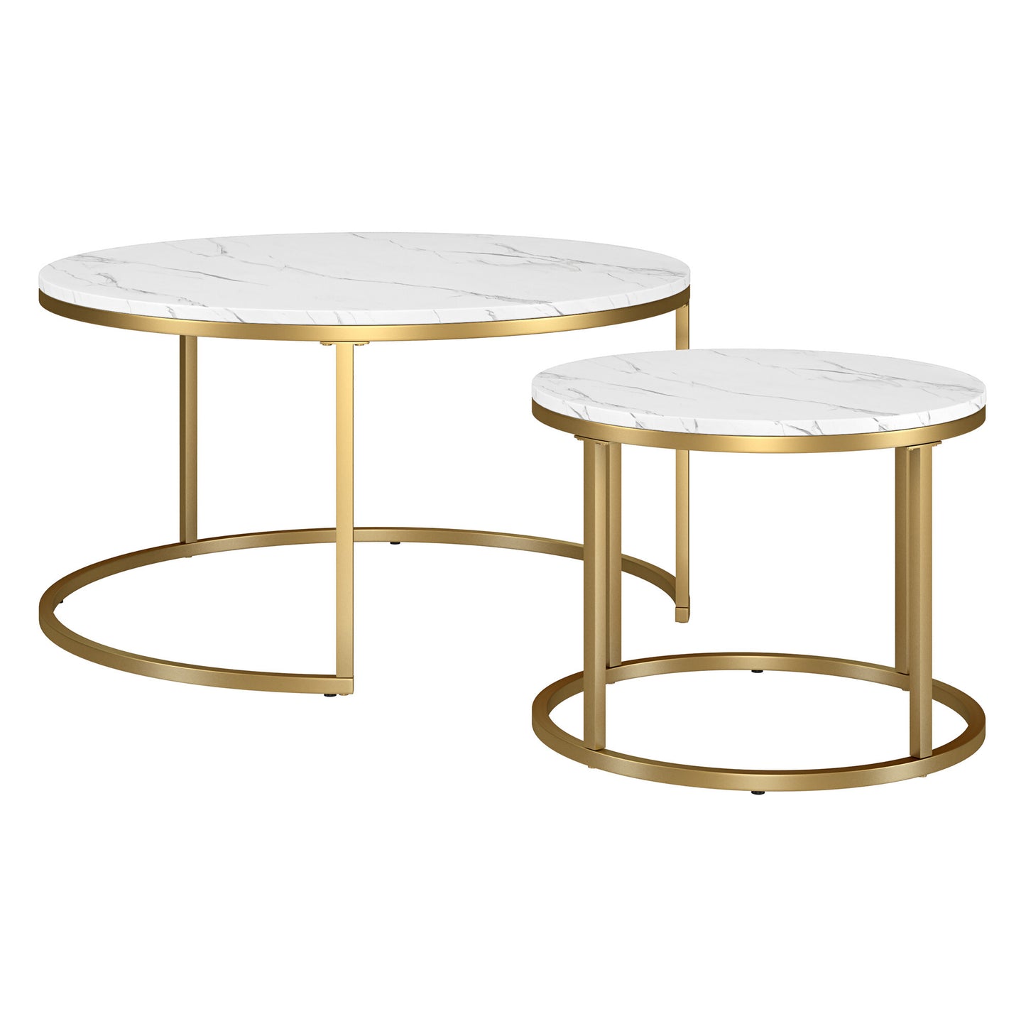 Set Of Two 35" Gold And White Faux Marble Round Nested Coffee Tables