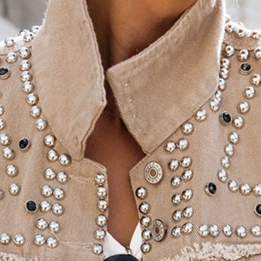 Washed denim rivet jacket street fighter motorcycle style LadyShow.Store