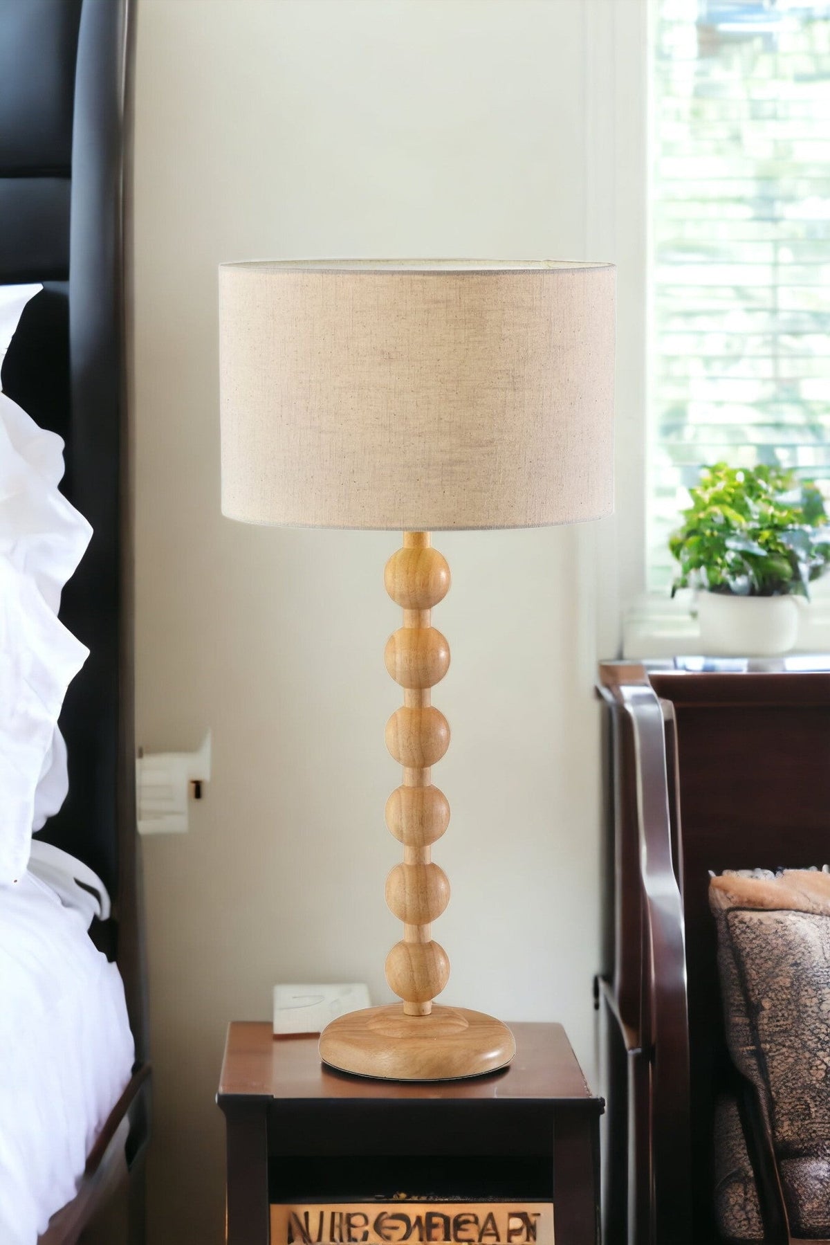 28" Brown Solid Wood Candlestick Table Lamp With Off White Drum Shade W2B