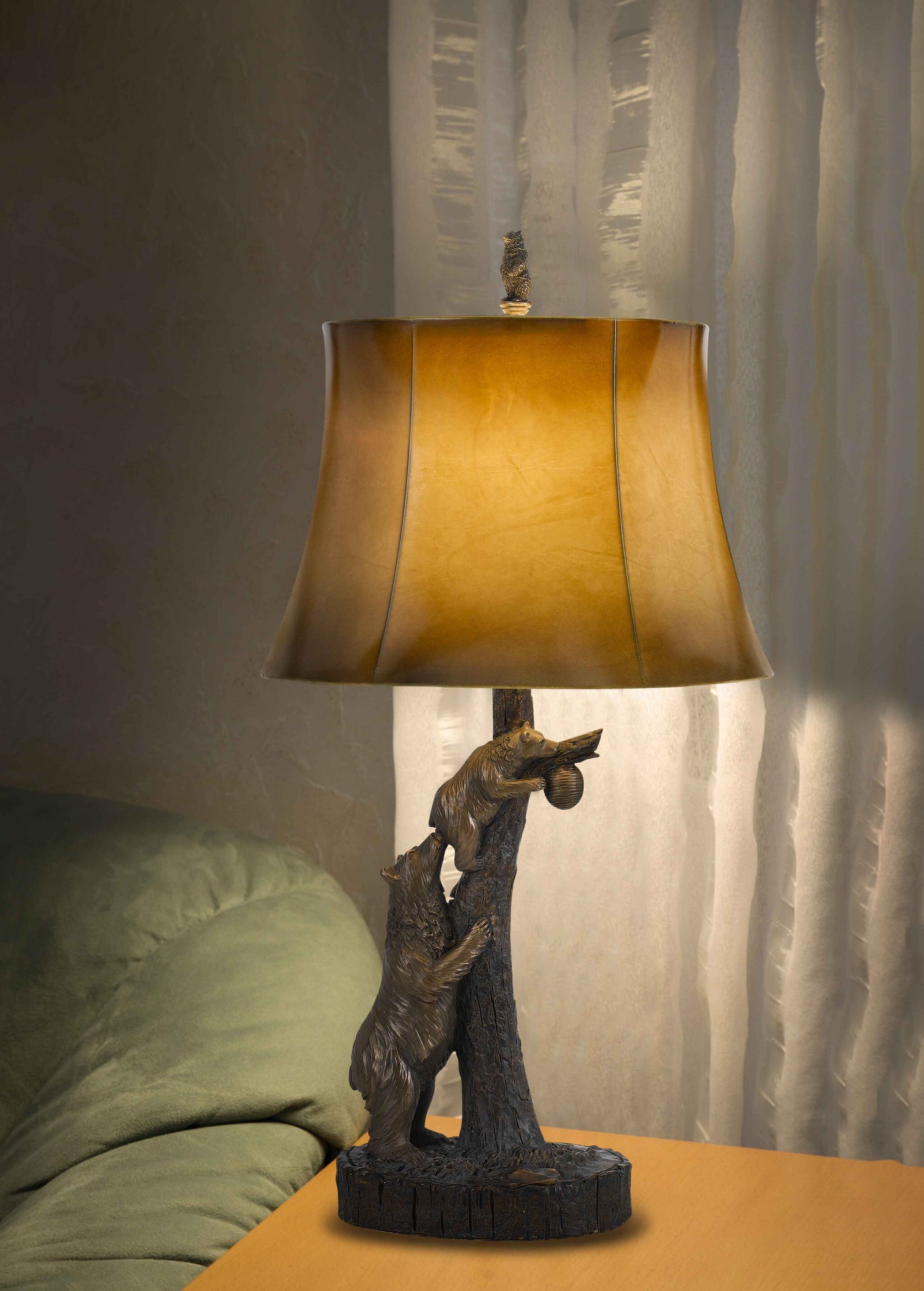 31" Bronze Bears After the Honey Table Lamp With Brown Faux Leather Shade